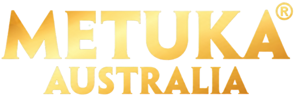 The logo for Metuka Australia, featuring the brand name in bold, metallic gold lettering on a plain white background.
